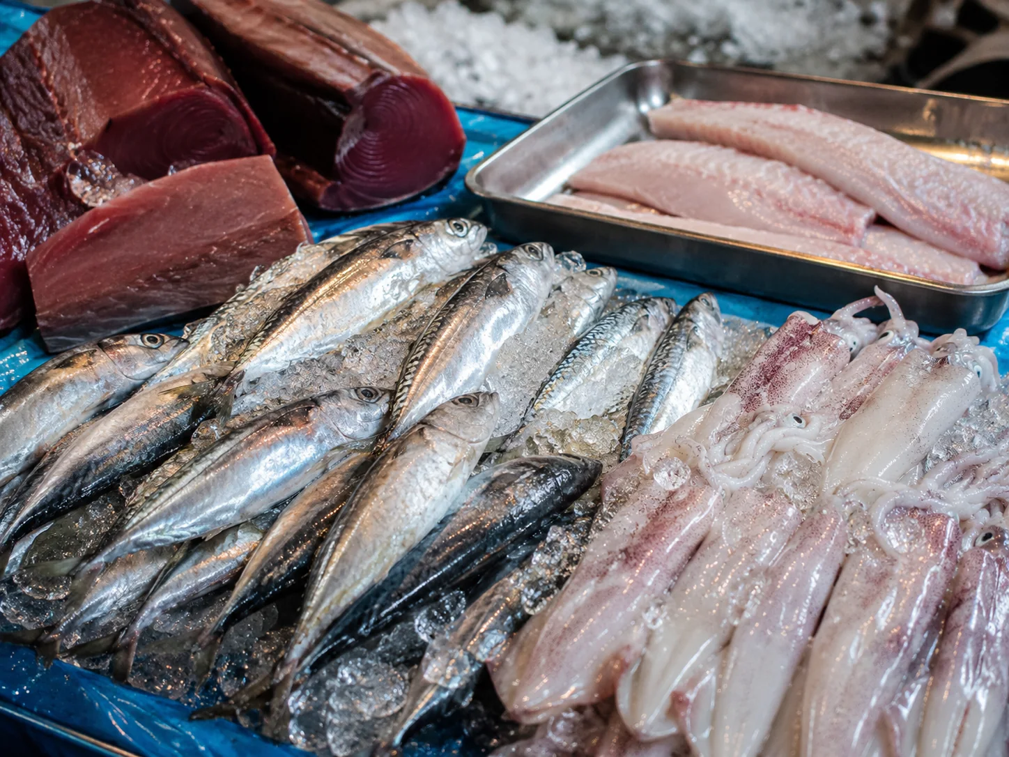 Fresh seafood display in an Indonesian market